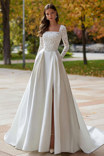Ivory Square Neck Long Sleeve Satin Wedding Dress with Lace